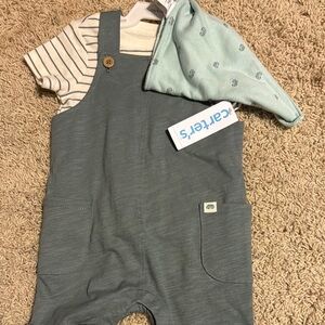 Striped Onesie with Olive Green Overalls and Mint Bib